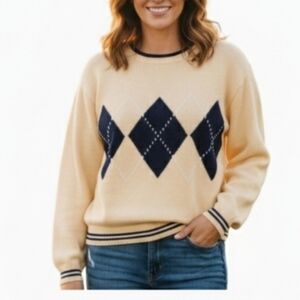 Talbots Women's Argyle Patterned Yellow and Navy Sweater